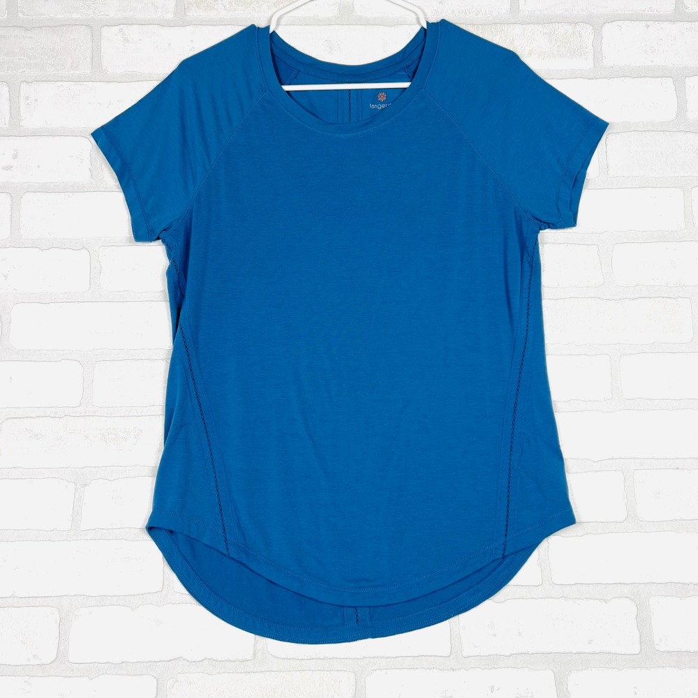 Tangerine Womens Blue Raglan Short Sleeve Activewear Top Curved Hem Size Medium